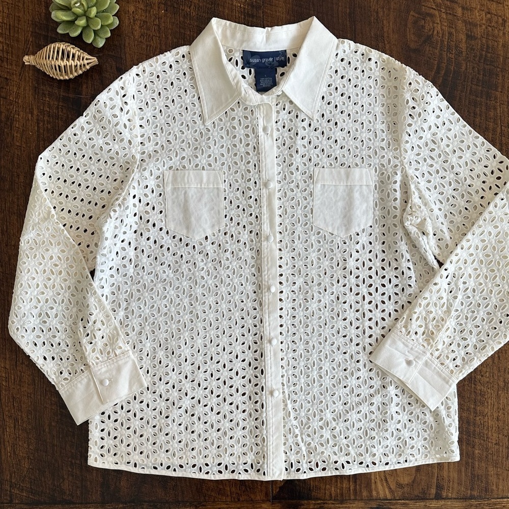Susan Graver | White Cotton Eyelet Button Down Shirt, Size L